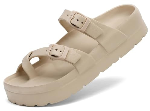Waysoland sandaler damer sommar, ortopediska sandaler damer bekväma folier tjocka sulor platta sandaler med justerbart spänne och ultra kudde, Beige, 39 EU