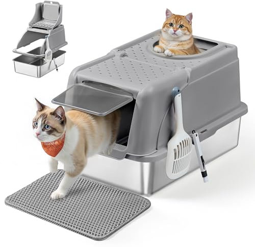 Feandrea Stainless Steel Cat Litter Box with Flip Lid, XL Enclosed Litter Box with Leak-Proof Design, Scoop, Brush, Dual Entry, for Cats up to 15 kg, Dove Grey PPT005G01