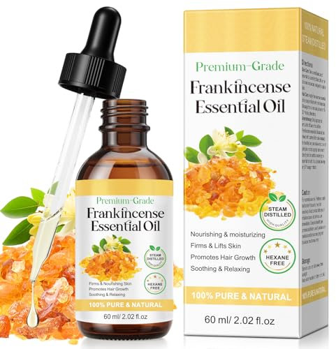 Ätherisches Weihrauchöl 60ml, Frankincense Oil Reine für Gesicht Feuchtigkeit, Strafft Haut, Haare, Massage, Verbreitung, Heimwerken, Holziger Natürliche Aromatherapieöl