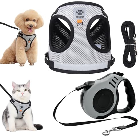 GOEDCH Conjunto de Arnés y Correa para Gatos: Correa Retráctil Automática para Perros y Gatos, Gris Arnés Antiescapes con Correa Ajustable de 5 m, Arnés de Pecho Transpirable para Cachorros (S)