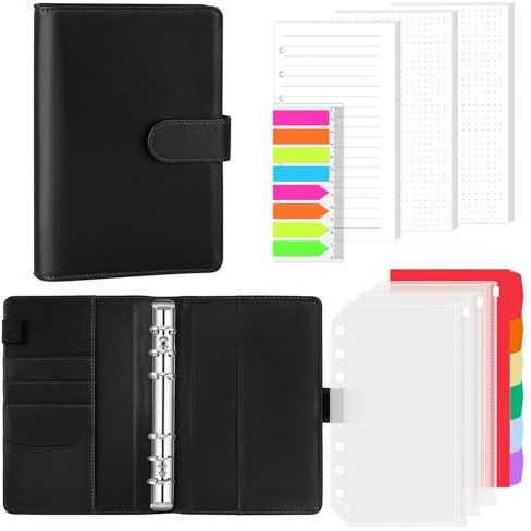 AKONEGE Ringbuch A6 PU-Leder nachfüllbares Notizbuch mit 135 Blatt 6 Löcher A6-Nachfüllpapier, Bindertaschen, Trennblätter, Haftmarkern, Planer-Organizer für Reisen, Arbeit, Schule - Schwarz