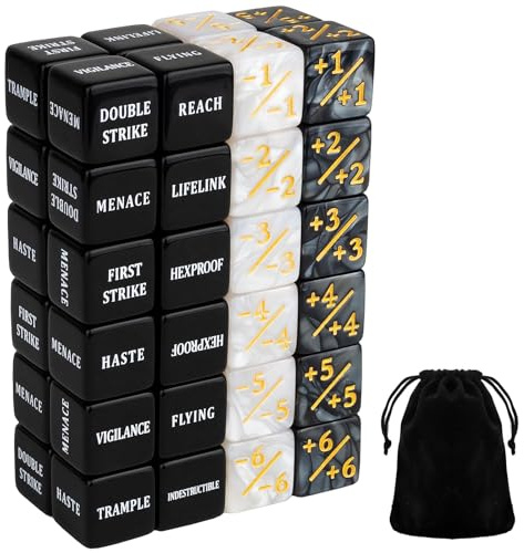 Omnikryp 48 Pièces Compteurs de Dés, 16 mm Qualité Supérieure Dés de Jeton, Contenant Un Sac Rangement, Compatible avec MTG, CCG, Accessoire de Jeu de Cartes (Blanc + Noir)