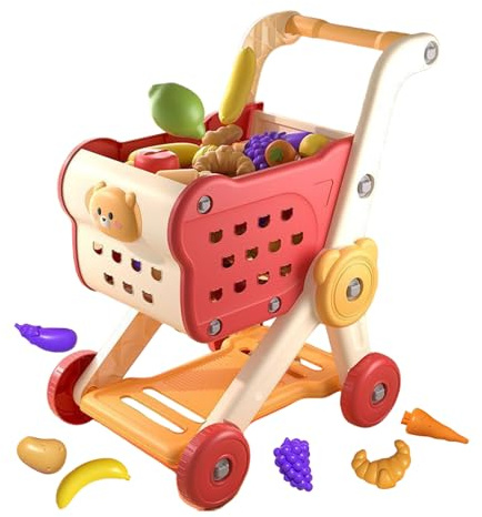 Ahuuen Kids Shopping Cart Toy | Pretend Play Toy Shopping Basket Set With Food Accessories | Interactive Grocery Store Games for Toddler Boys Teens Girls Children