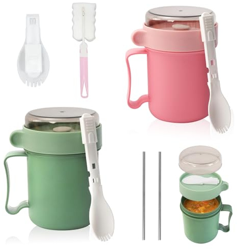 DIYJEP 2Pcs Microwave Soup Mug Lid, 500ML Overnight Jar(Green Pink)