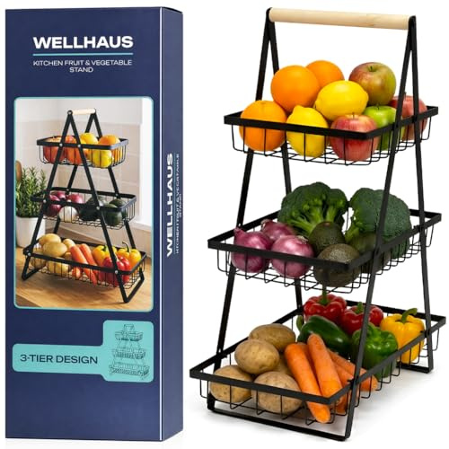 WELLHAUS Obst Etagere mit 3 Etagen – Obstkorb Aufbewahrung für Küchenarbeitsplatte , Fruits Basket & Gemüse Obstetageren 3 Stöckig , Mehrstöckig Gemüseaufbewahrung , Metall Küche Obstkörbe (Schwarz)