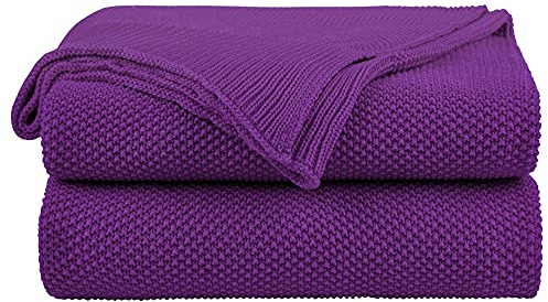 PiccoCasa 100% Cotton Knit Throw Blanket,Solid Lightweight Decorative Throws and Blankets,Soft Knitted Throw Blanket for Sofa Couch, Purple, 50 x 60