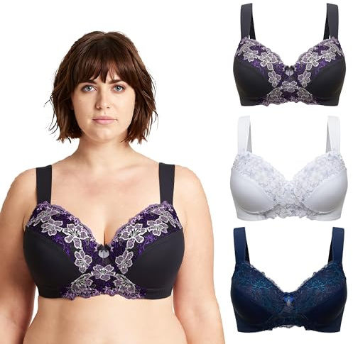 Curve Muse Reggiseno Senza Fili Sfoderato Minimizer Taglie Forti con Ricamo in Pizzo-Confezione da 3-Bianca, Marina Militare, Grigio-5F