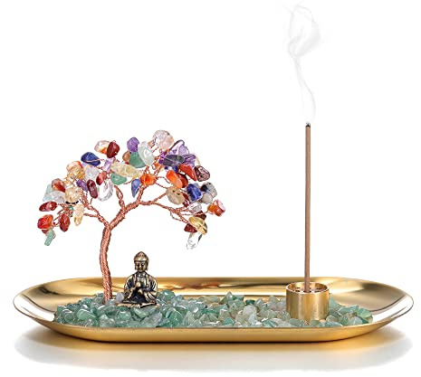Jovivi Crystal Incense Holder for Sticks, Healing Crystal Stone Money Tree Buddha Statue Set Incense Burner, Incense Trays for Wealth, Good Luck,Yoga Meditation Home Decor