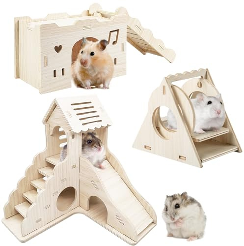Sysmashing 3-Piece Hamster Hideout Cage Accessories - Wooden Toys, Cage, House for Small Animals