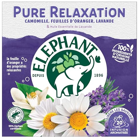 Elephant, Infusion Pure Relaxation, Goût Camomille, Feuille d'Oranger et Lavande, Ingrédients d'Origine 100% Naturelle, 20 Sachets Pyramid