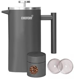 CHEFCHY French Press Coffee Maker, 34oz/1L, Double-Walled 304 Stainless Steel, Rust-Resistant, Dishwasher Safe, Includes 2 Extra Filters & Coffee Pot Canister - Matte Grey