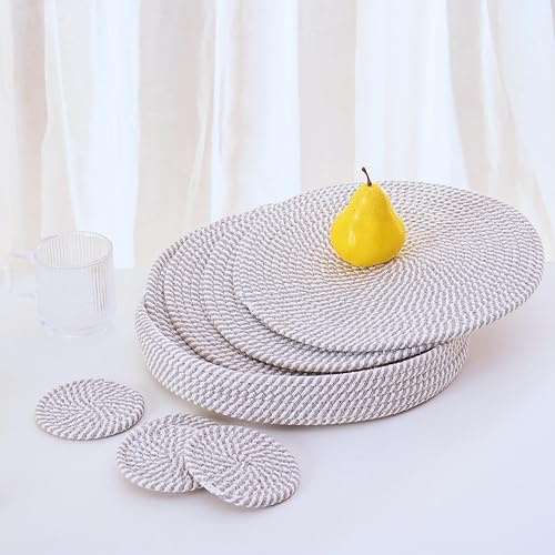 Art PineCone's Woven Cotton Rope Round Placemats Set of 4 with Holder Included, Non-Slip, and Heat Resistant Shabby Chic Placemats (Gray Stripe, 13 inch Plus Coaster)