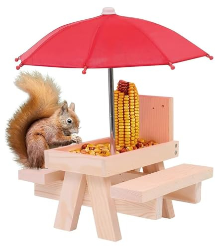 Eichhörnchen-Futtertisch mit Regenschirm, Eichhörnchen-Station aus Holz mit 18 x 21 x 18 cm, Hängestation für Vogelfutterspender, Aufbewahrungsbox für Wildfutter im Garten für Nüsse, Erdnüsse