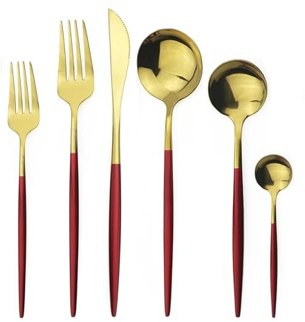 GeRnie 24 pezzi set di posate in argento oro coltello forchetta cucchiaio set di posate stoviglie in acciaio inossidabile set di stoviglie a specchio argenteria (Color : Red Gold)