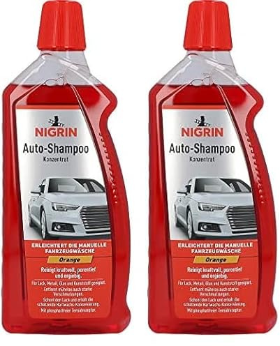 NIGRIN Autoshampoo Konzentrat, 1 Liter, entfernt auch starke Verschmutzungen, schont Lack- und Kunststoffoberflächen, mit Orangen-Duft, Orange (Packung mit 2)