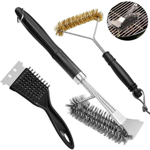 SAMSYOKI 3 Pièces Brosse Barbecue Acier Inoxydable 3 en 1 Brosse de Nettoyage pour Barbecue en Acier Inoxydable Brosse Métallique pour Grille Barbecue avec Grattoir pour Grille à Gaz Charbon