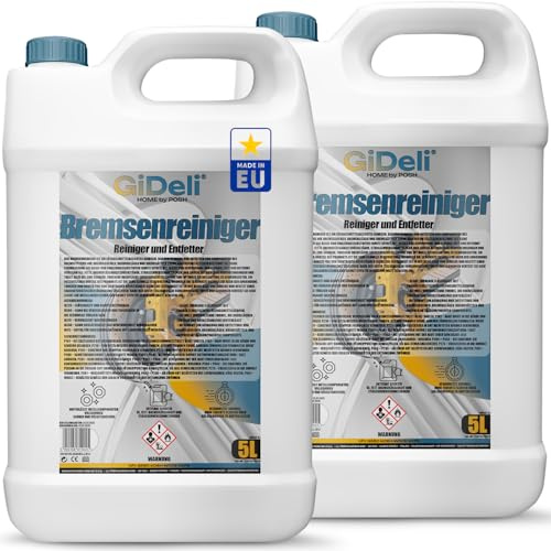GiDeli Detergente per freni, 2 taniche da 5 l, per auto, moto e bicicletta, rimuove olio, grasso, polvere dei freni, residui di colla, sgrassante da officina, asciugatura rapida, senza lasciare