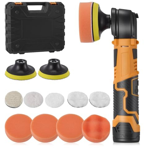Akku Poliermaschine set mit 2 * 8cm Polierteller, Mini Polierer Auto 3000RPM mit 12V 2,0Ah Batterie 25mm/75mm Polierteller,Autopoliermaschine klein zum Polieren von Auto