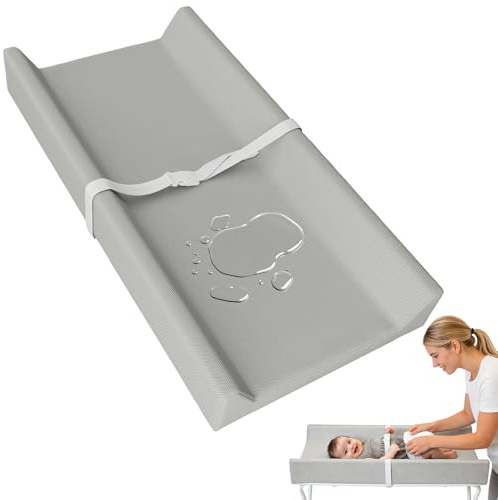Anti Roll Baby Changing Mat, 80x40x10cm Soft Baby Change Mat Waterproof with Adjustable Safety Strap, PU Cover Non Slip Wipe Clean Nappy Changing Matt for Table Dresser (Grey)