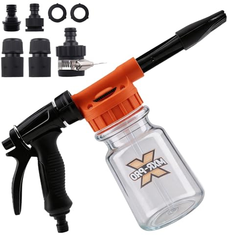 maXpeedingrods 1 l biltvätt, skumpistol 4 adapter, skumlans med justerbart blandningsförhållande 3/4 tum gänga och snabbkoppling 6–10 bar för bil, trädgårdsslang, högtryckstvätt (orange)