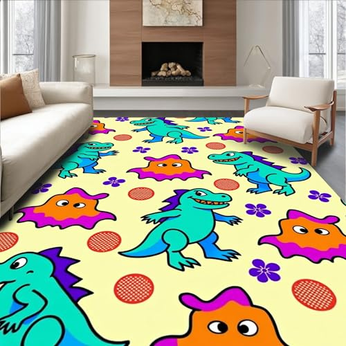 Design&I Low Pile Flatwoven Area Rug 4x6, Prehistoric Jurassic Latch Hook Cushion Needlework Project, Machine Washable, Stain Resistant Indoor Rug for Living Room, Bedroom, Non Slip(Yellow, 4x6, Pad)