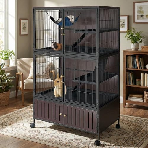 60 Large Ferret Cage, Multi-Level Small Animal Mansion with 4 Wheels, 3 Metal Ramps & Hammock for Chinchillas, Rabbits, Guinea Pigs, Includes PP Trays & Storage Cabinet