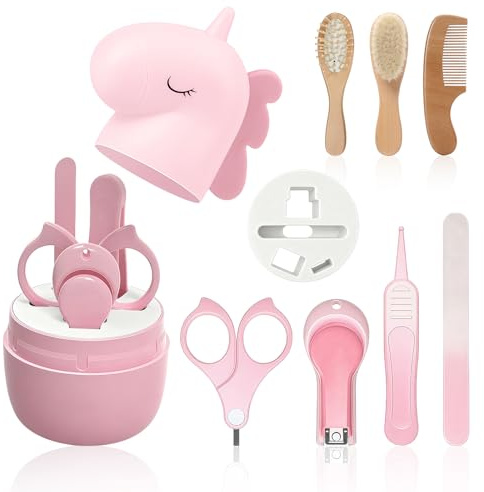 HAGOT Juego de Cortaúñas para Bebé, 7 en 1, Juego de Cuidado para Guardería, Rosa Unicornio