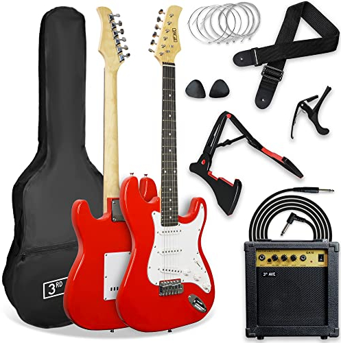3rd Avenue XF Full Size 4/4 E-Gitarre Ultimate Kit Mit 10-W-Verstärker, Digitalem Stimmgerät, Kabel, Ständer, Gigbag, Gurt, Ersatzsaiten, Plektren, Kapodaster - Rot