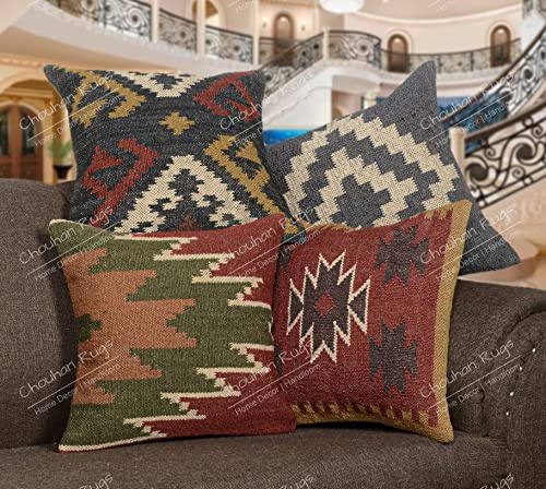 Chouhan Rugs 4 PCS Set of Hand Woven Jute Kilim Cushion Cover Indian Vintage Pillows 18X18 Rug Boho Shams (Pattern 3)