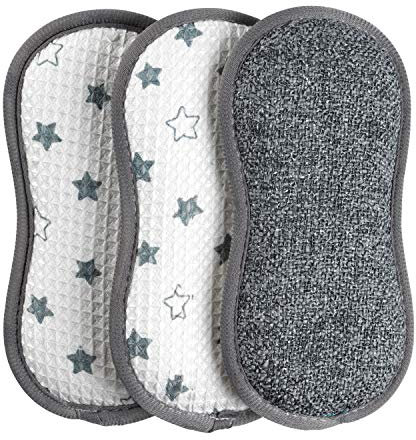 Kleeneze KL076472EU7 Estropajos De Limpieza Antibacterianas, Pack De 3, Almohadillas Con Patrón De Estrella, Productos De Limpieza Con Diseño Ergonómico, Quitamanchas, Esponjas Duraderos Y Resistentes