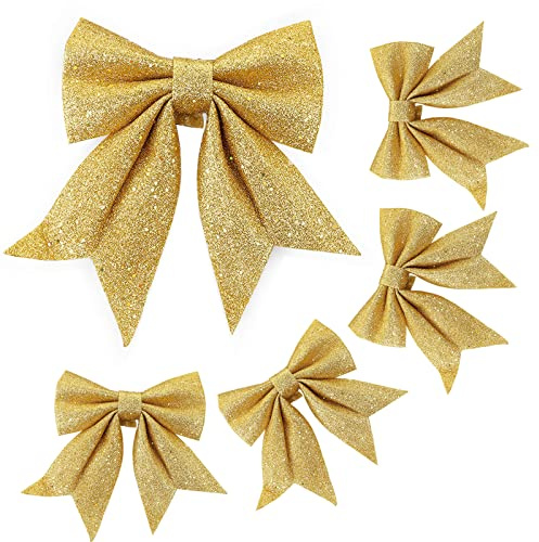 JSRHEEM 5 Noeuds de Noël, Grand/Petit Tailles différentes Noeud de Ruban de Noël, Noeuds d'arbre de noël pour Arbres de Noël, Emballages Cadeaux, Voiture, Mariage(Or)
