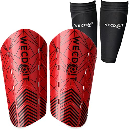 WECDOIT Schienbeinschoner Kinder Fußball Schienbeinschoner Für Kinder Und Herren 1 Paar Fussball Schienbeinschoner Mit Ärmeln Zum Schutz Der Beine (M,Rot)