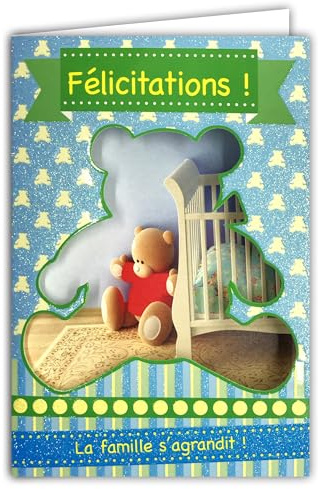 AFIE 66-1017-A Carte Félicitations Naissance ou Adoption Bébé Garçon avec Paillettes et Enveloppe Bleue 12x17,5cm La famille s'agrandit Découpe Perforation en forme de Nounours Ours en Peluche