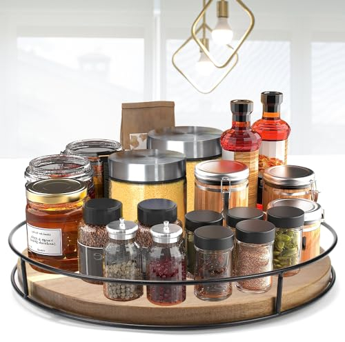 LPAMABA Holz 30cm 360°Drehteller Küche Organizer Gewürzregal Drehteller Kühlschrank Organizer