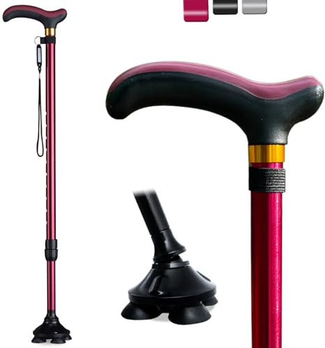 BeGrit Bastone da Passeggio Estensibile Bastoni per Anziani Telescopico Altezza Regolabile Bastone per Anziani Tre Piedi Autoportante Multi-Terreno Maniglia a T per Uomini e Donne, Rosso