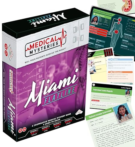 TOMY Medical Mysteries Miami Flatline - Murder Mystery Case File | Escape Room Game, Murder Mystery Game - Date Night Games, Cooperative Board Game, 4 Cases, Ages 14+
