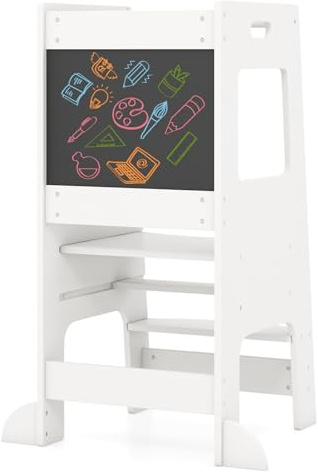 RELAX4LIFE 3 in 1 Torre Montessoriana per Bambini, Torre di Apprendimento Altezza Regolabile, Learning Tower con Lavagna Bifacciale e Piedini Antiribaltamento, per Bambini 1-6 Anni (Bianco)