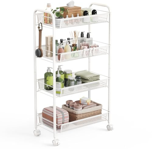 WELDUN Aufbewahrungswagen mit 4 Ebenen, Rollwagen, Gitteraufbewahrungswagen, mobiler Aufbewahrungswagen für Schlafzimmer, Küche, Badezimmer, Wohnzimmer, Aufbewahrungswagen aus Metall, Weiß