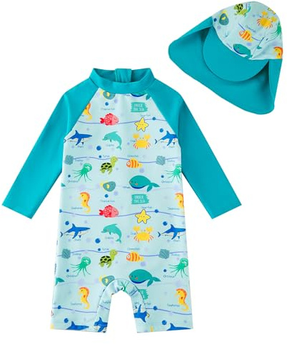 upandfast Baby Swimwear mit Sonnenhut UPF 50+ Badebekleidung für Baby(3-6 Monate,Blau Tiere)