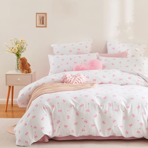 Covebett Set di biancheria da letto king size in microfibra con fiocco e cuore bianco rosa carino estetico ragazze donne papillon fiocchi copripiumino 220 x 230 e 2 federe 50 x 75 cm