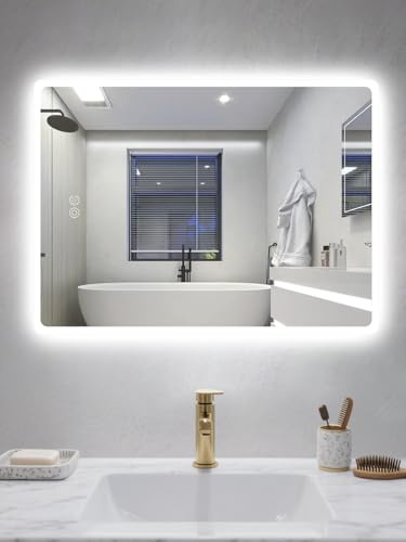 60 x 80 cm LED-badrumsspegel, kvadratisk, matta, rundade hörn, dimbar | Fyrkantig, matta, rundade hörn; 3 ljusfärger, dimbar, minnesfunktion; kopparfritt glas, IP44, H/V-montering