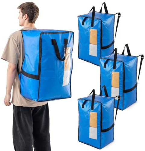 TAILI Borsa da trasloco tipo zaino, manici e cerniere resistenti, indispensabile per traslochi, conservazione dei vestiti, sacchi per la biancheria, imballaggio, viaggi (blu, confezione da 4)