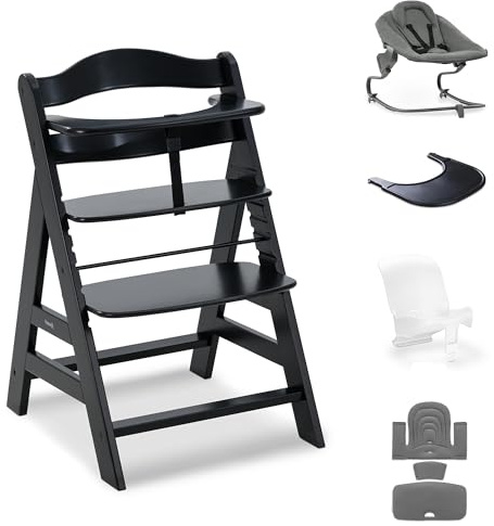 hauck Alpha+ Premium Bundle, Beech Black - Wooden High Chair from Birth to 99 Years - Grow Along Highchair with Reclining Newborn Bouncer, Baby Seat Reducer, Seat Pad and Click On Tray