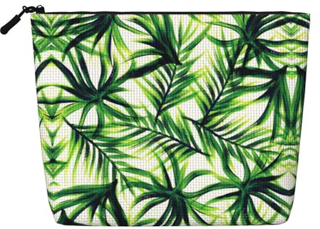 Ghjkfbf Palm Tree Green Leaves Print Single Layer Fake Hemp Makeup Bag Zipper Toiletry Bag Zipper Accessories