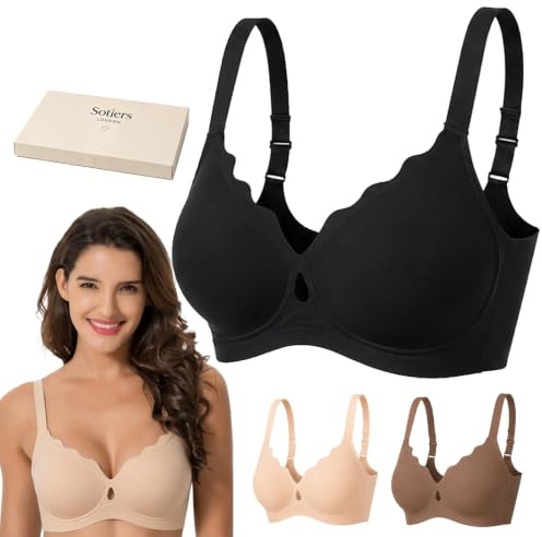 Sotiers Jelly Bra, Wireless Full Coverage Comfort Bra | V-neck scalloped style, W jelly support, seamless bonded fabric, wide adjustable straps, soft everyday comfort