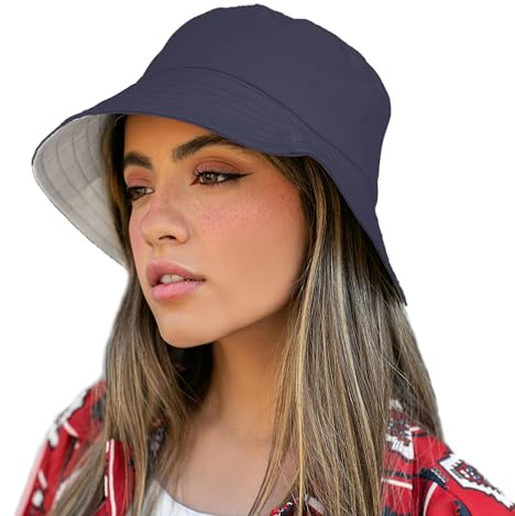 TOSKATOK® Anti UV UPF 50+ Bob réversible pour Femmes en Coton - 2 en 1-Navy/White