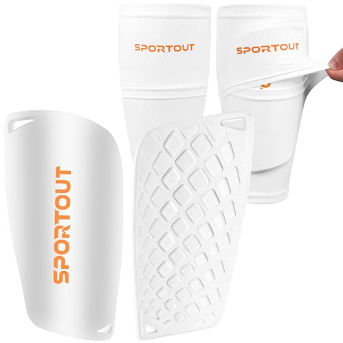 Sportout Soccer Shin Guards - Shin Guards Soccer Kids Youth Adult Protective Shin Pads with Sleeves and Insert Pocket for Boys Girls for Age 4-6, 6-8, 8-10,10-12,12-14,14-Adult (White, M)
