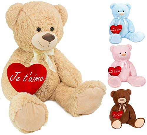 BRUBAKER XXL Teddybär 100 cm groß Beige mit einem Je T'Aime Herz Stofftier Plüschtier Kuscheltier