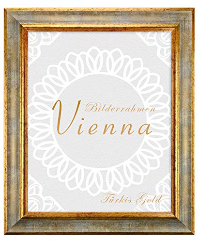 Birapa Vintage Bilderrahmen Türkis Gold 30x40 cm Holzrahmen mit Zierleiste innen und außen, Fotorahmen