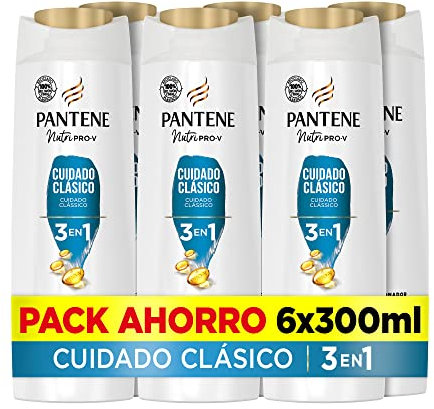 Pantene Champú + Acondicionador + Tratamiento 3en1 Cuidado Clásico Nutri Pro-V con fórmula Pro-V + antioxidantes, para cabello normal y mixto, 300 ML (Pack de 6)